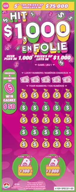 HIT $1,000 scratch-off ticket