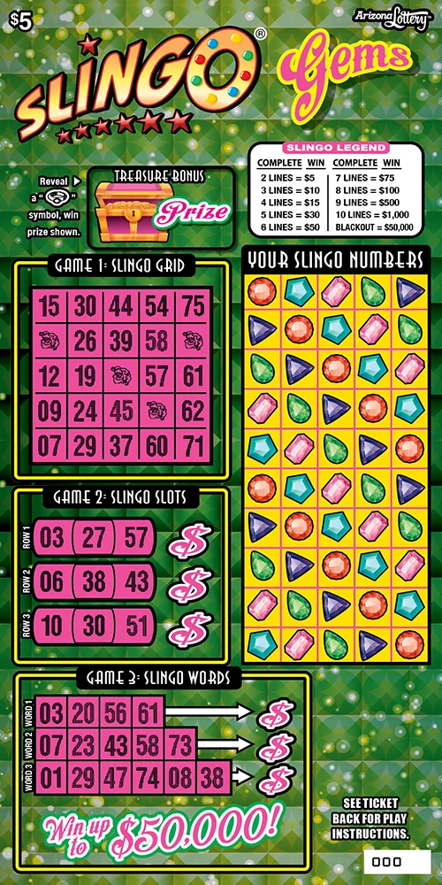 Slingo Gems scratch-off ticket