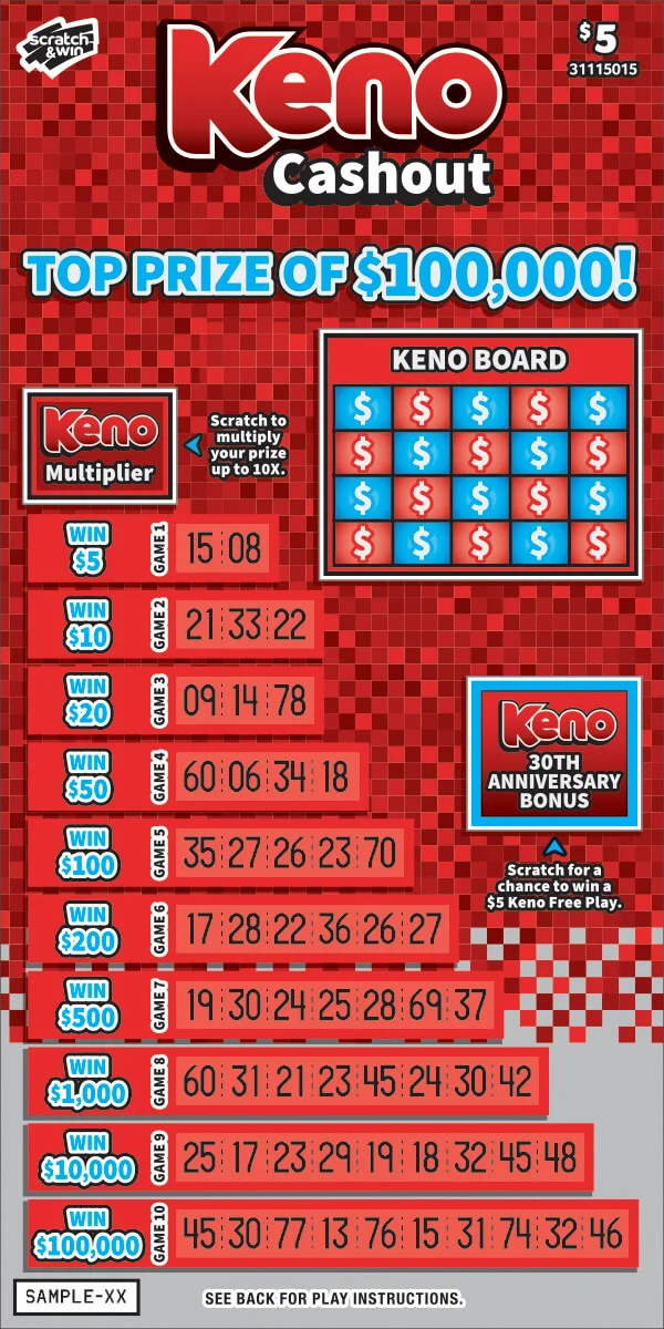 Keno Cashout scratch-off ticket
