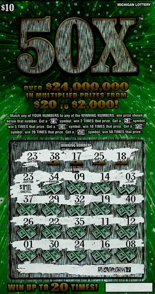 Winning $1 million Michigan Lottery 50X $10 scratch-off ticket