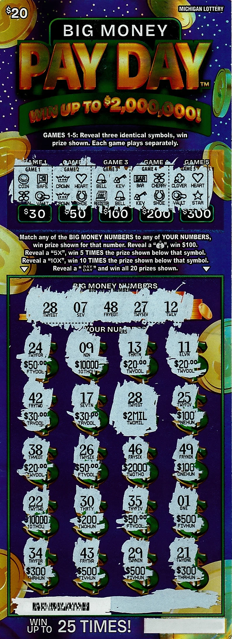Winning $2 million Michigan Lottery Big Money Pay Day $20 scratch-off ticket
