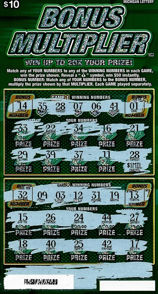 Winning $1 million Michigan Lottery Bonus Multiplier $10 scratch-off ticket