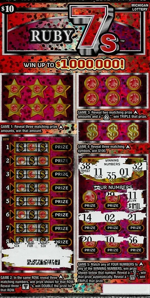The winning $10 Ruby 7s Michigan Lottery ticket showing a $1 million prize under the number 11