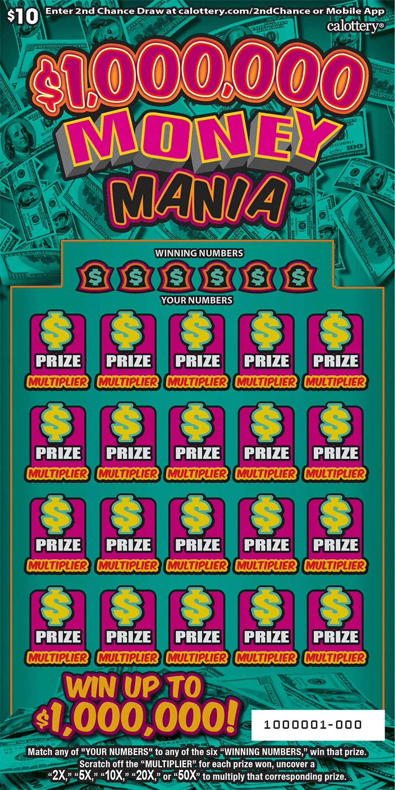 $1,000,000 Money Mania $10 California Lottery scratcher