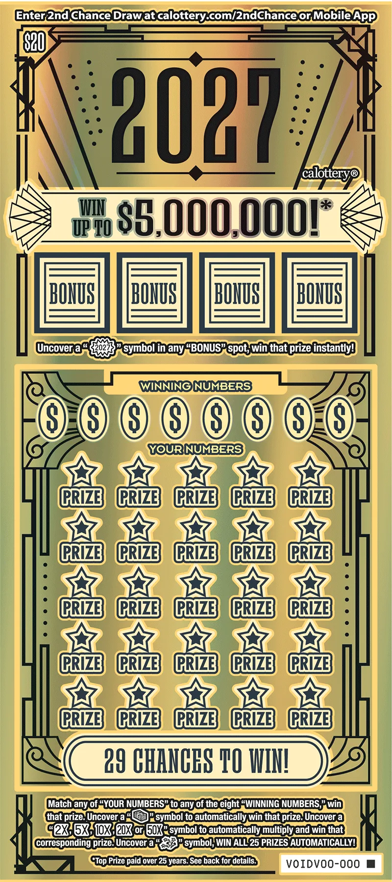 2027 $20 California Lottery Scratchers ticket