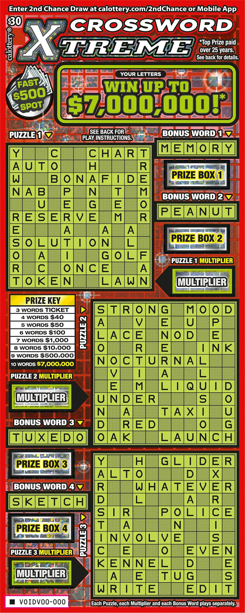 Crossword Xtreme $30 California Lottery scratcher ticket