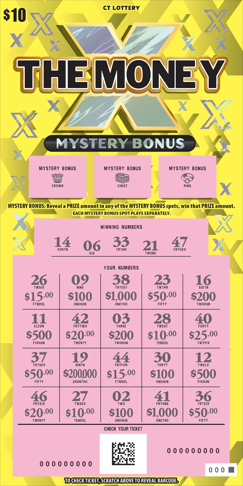 X The Money $10 Connecticut Lottery scratch-off ticket
