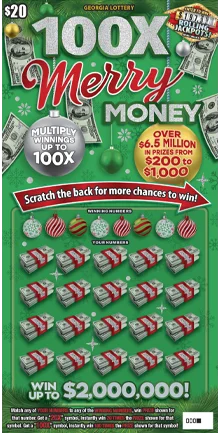 100X Merry Money $20 Georgia Lottery scratch-off ticket