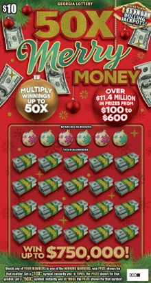 50X Merry Money $10 Georgia Lottery scratch-off ticket