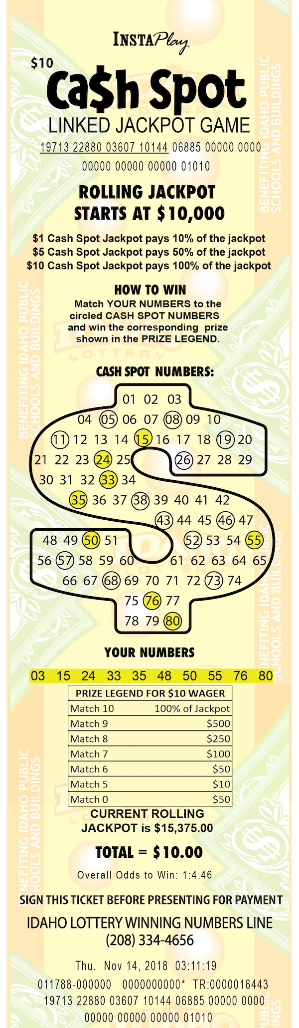 $10 Cash Spot scratch-off ticket