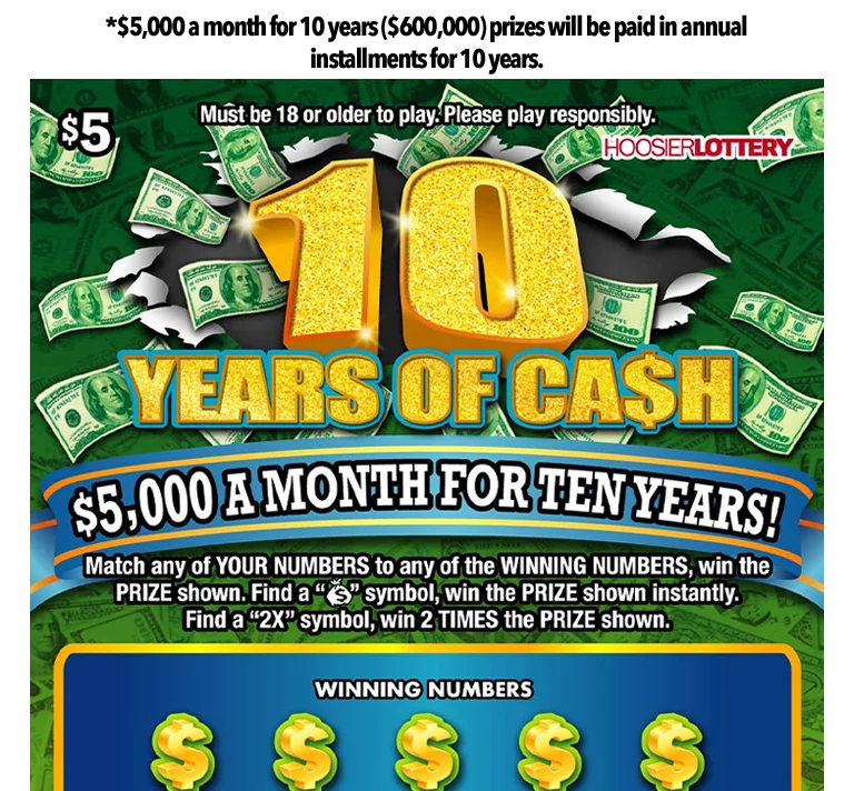 10 YEARS OF CASH scratch-off ticket