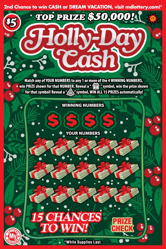 Holly-Day Cash $5 Maryland Lottery scratch-off ticket