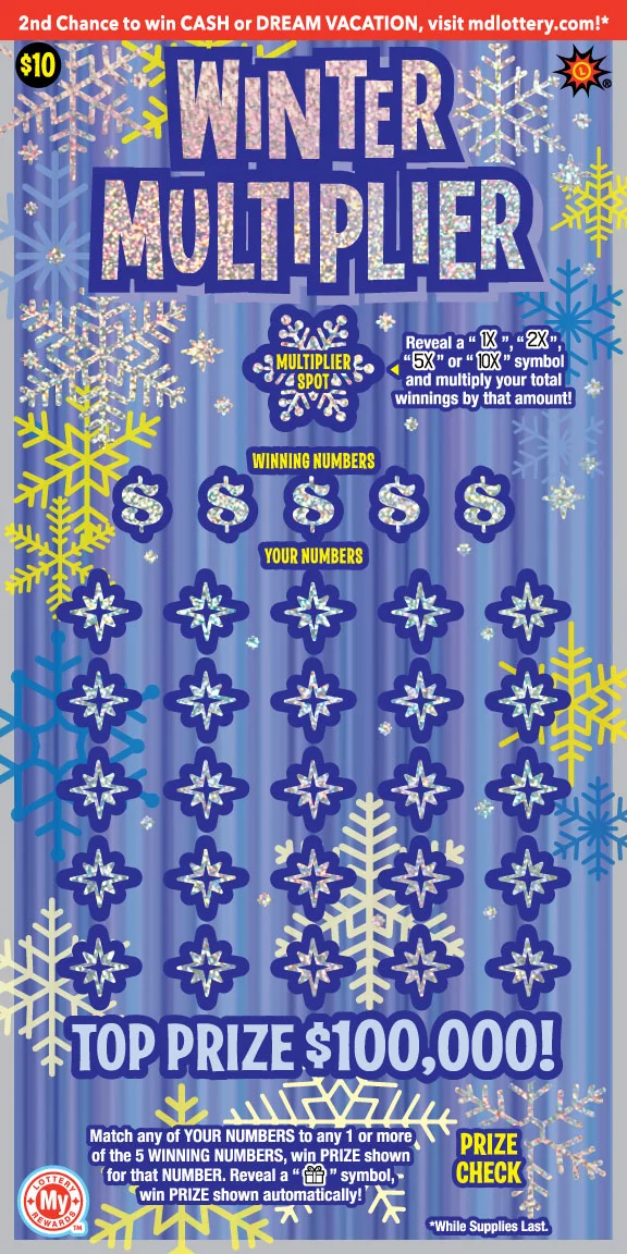 Winter Multiplier $10 Maryland Lottery scratch-off ticket