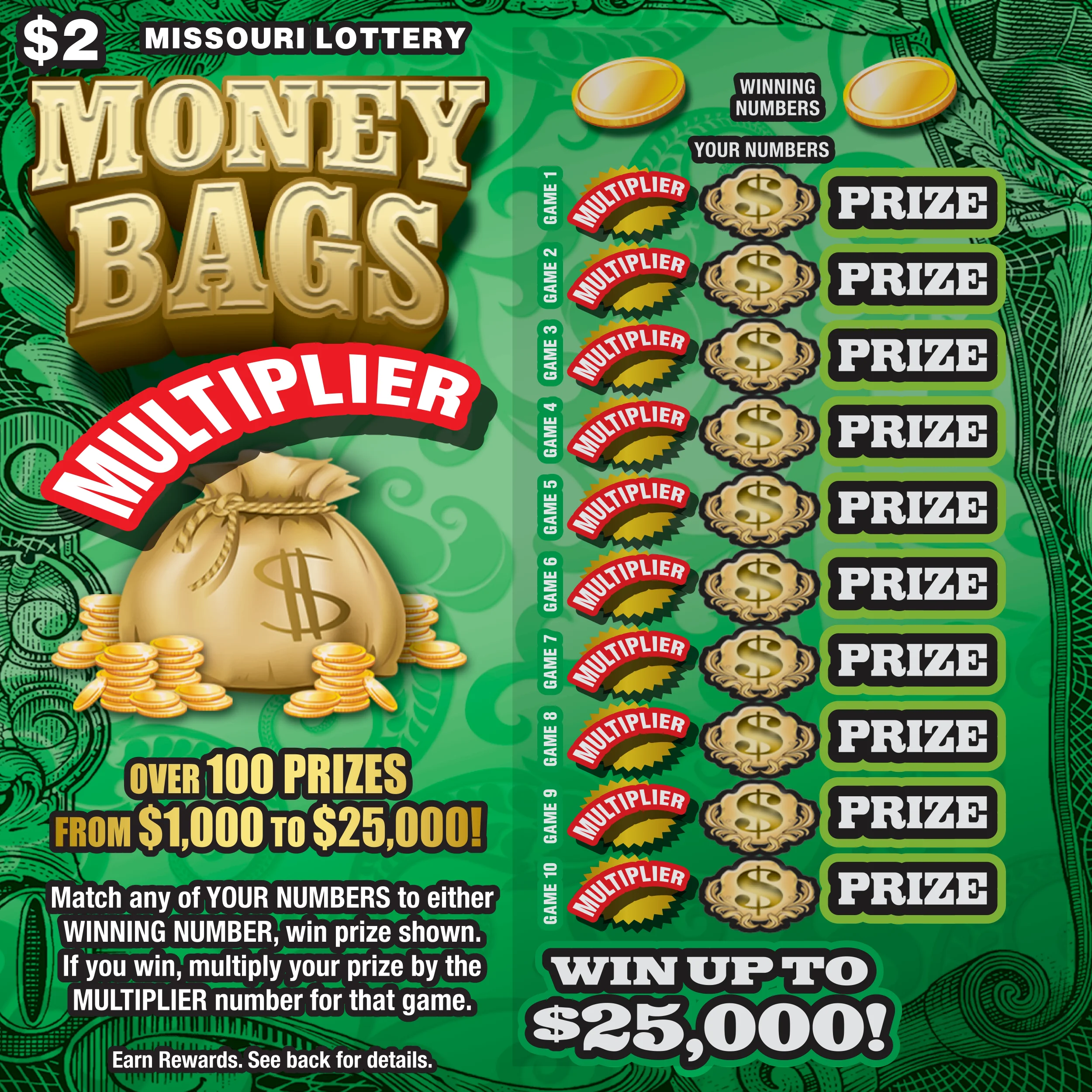 MONEY BAGS MULTIPLIER scratch-off ticket