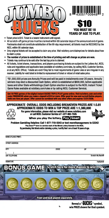 JUMBO BUCKS scratch-off ticket