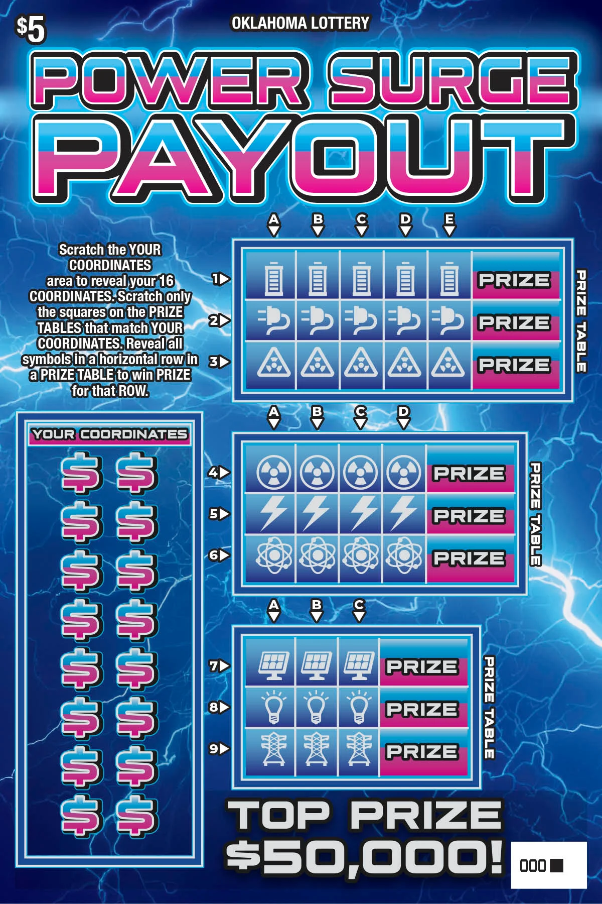 Power Surge Payout $5 Oklahoma Lottery scratch-off ticket