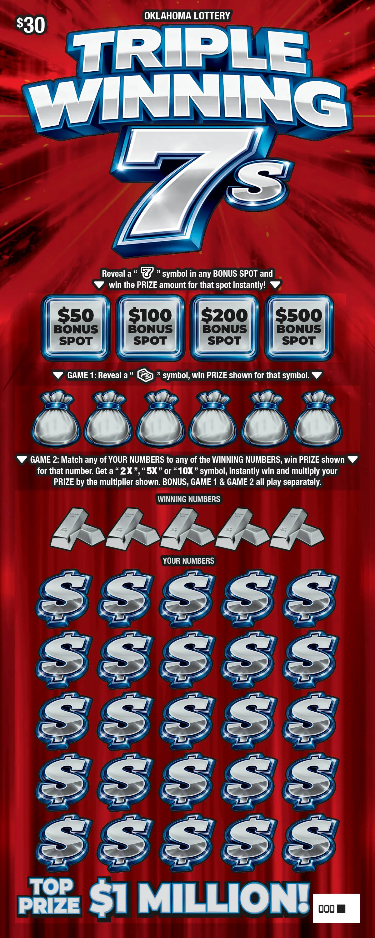 Triple Winning 7s $30 Oklahoma Lottery scratch-off ticket
