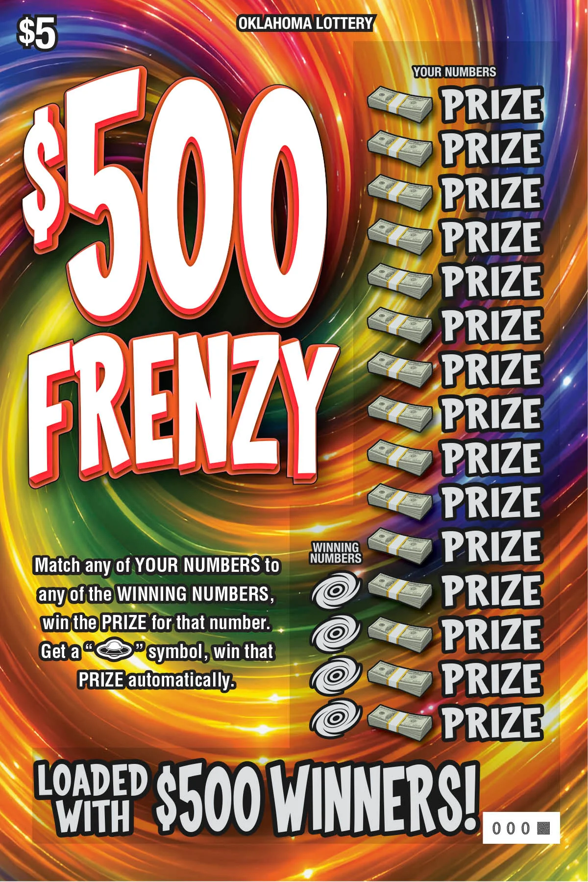 $500 Frenzy $5 Oklahoma Lottery scratch-off ticket