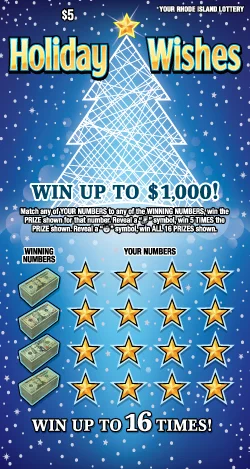 Holiday Wishes $5 Rhode Island Lottery scratch ticket