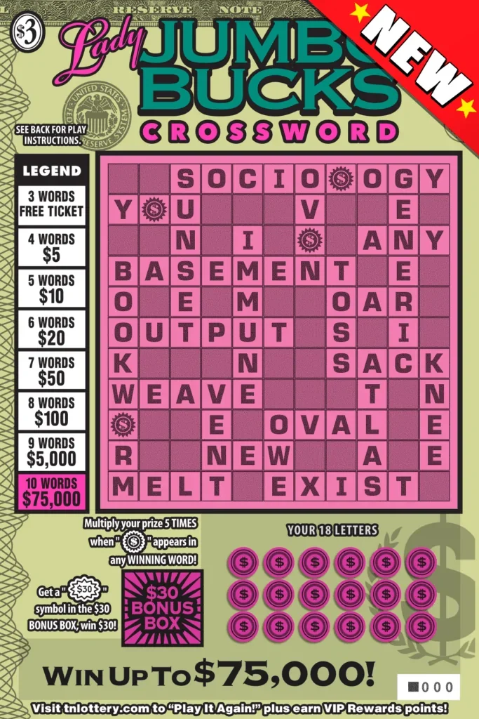 Lady Jumbo Bucks Crossword scratch-off ticket
