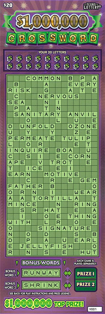 $1,000,000 CROSSWORD scratch-off ticket