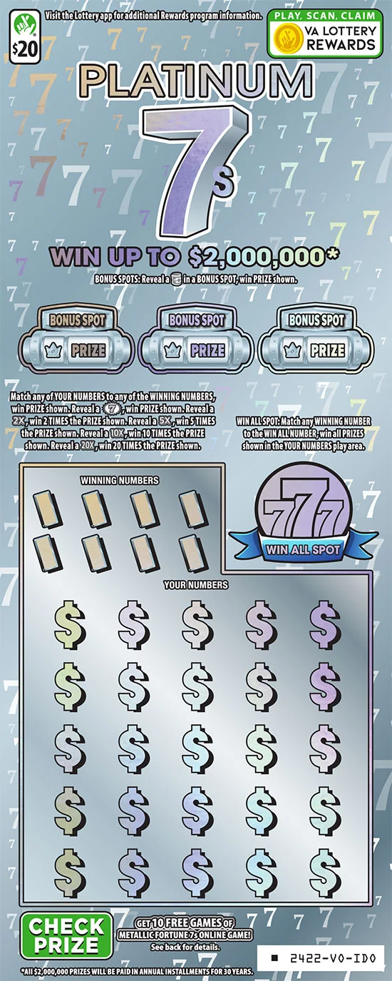Platinum 7s Virginia Lottery scratch-off ticket