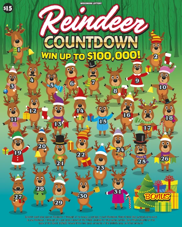 Reindeer Countdown $15 Wisconsin Lottery scratch-off ticket
