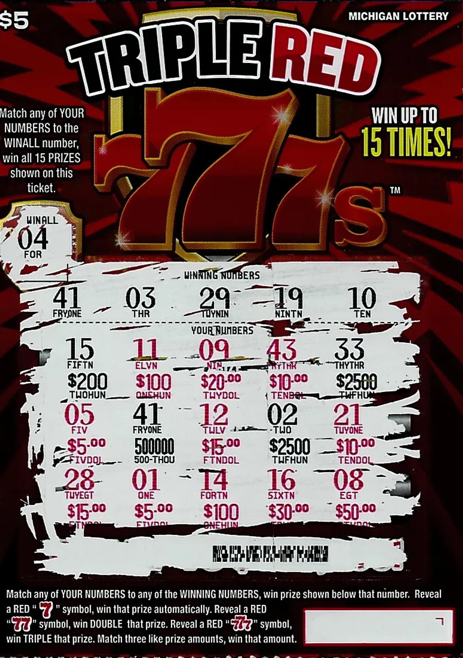 $500,000 winning Triple Red 777s Lottery ticket in Michigan