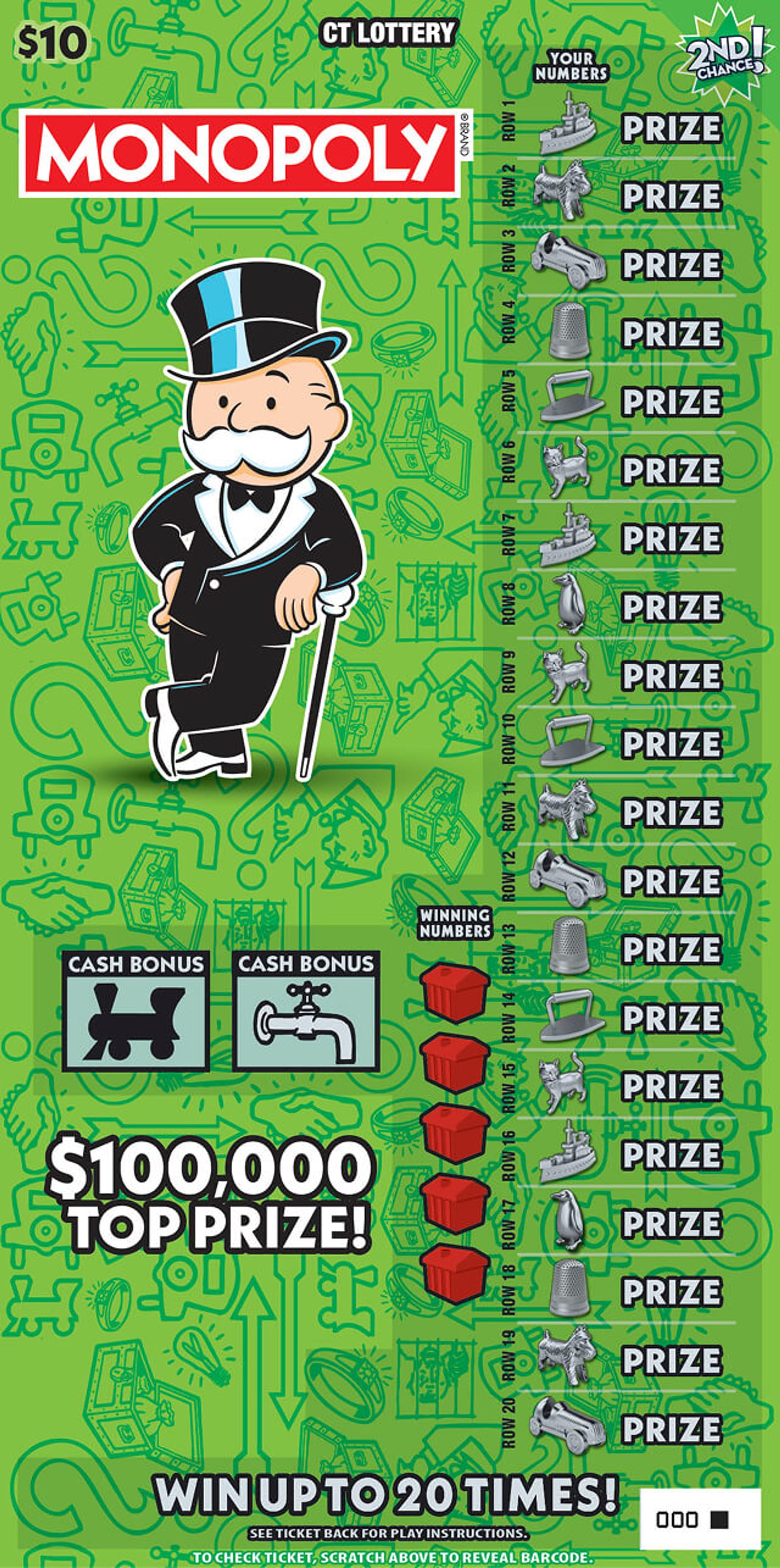$10 MONOPOLY Connecticut Lottery scratch-off ticket