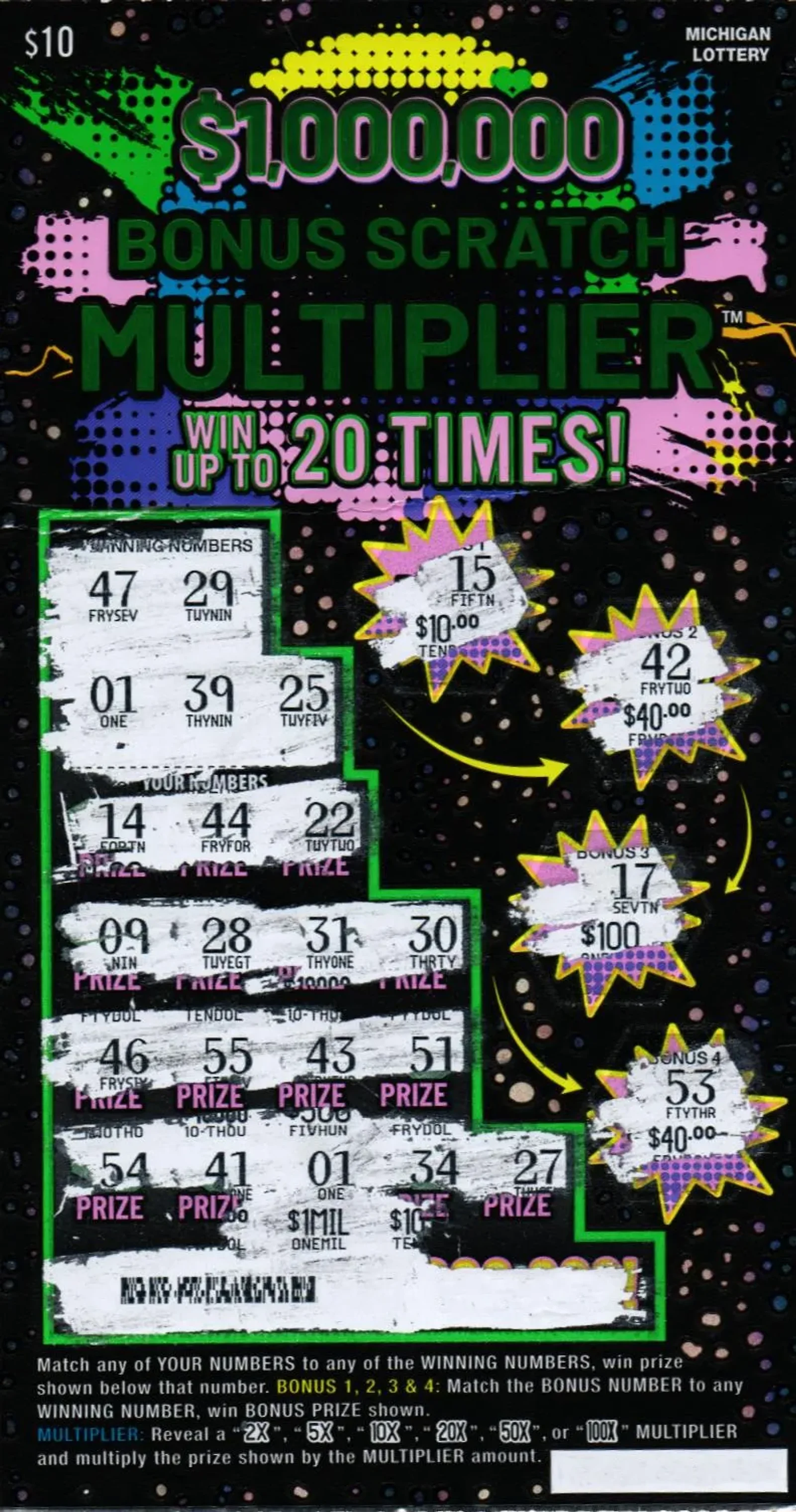 $1,000,000 Bonus Scratch Multiplier Michigan Lottery instant game ticket
