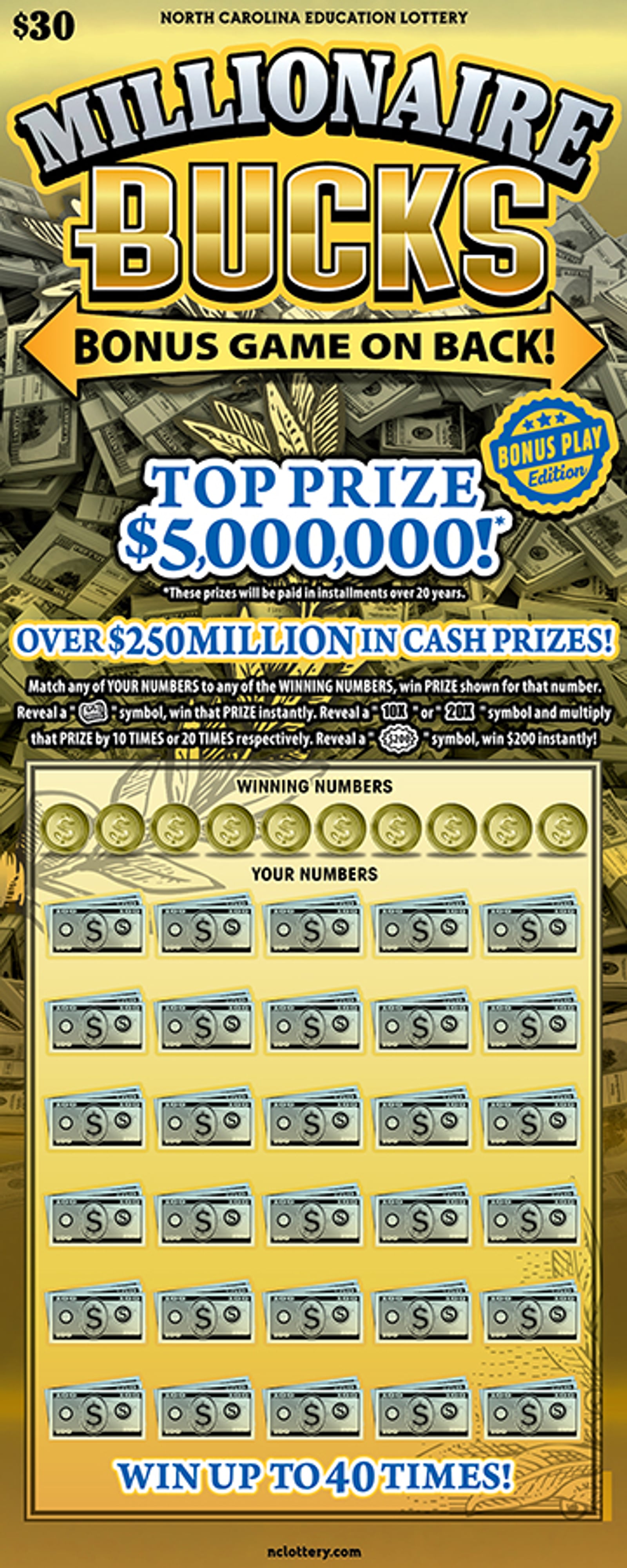 Millionaire Bucks North Carolina Education Lottery scratch-off ticket