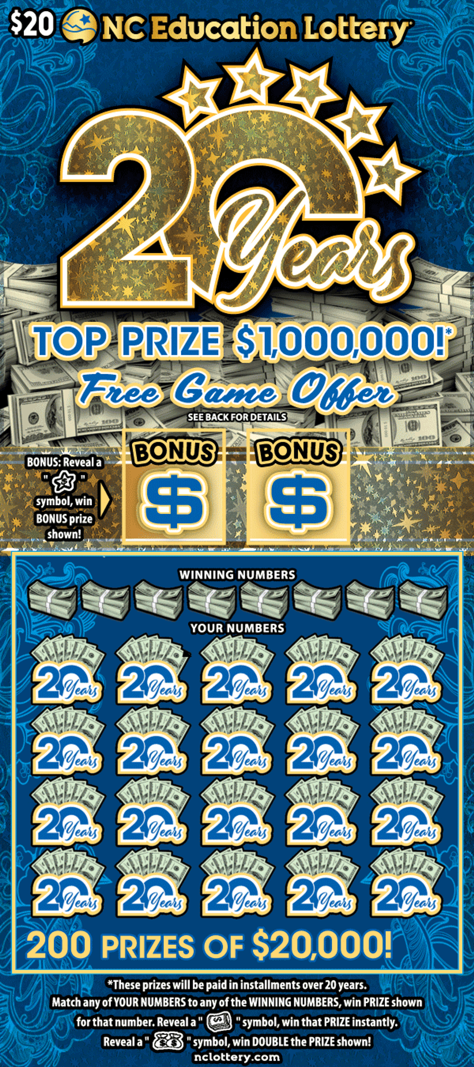 20 Years North Carolina Education Lottery scratch-off ticket