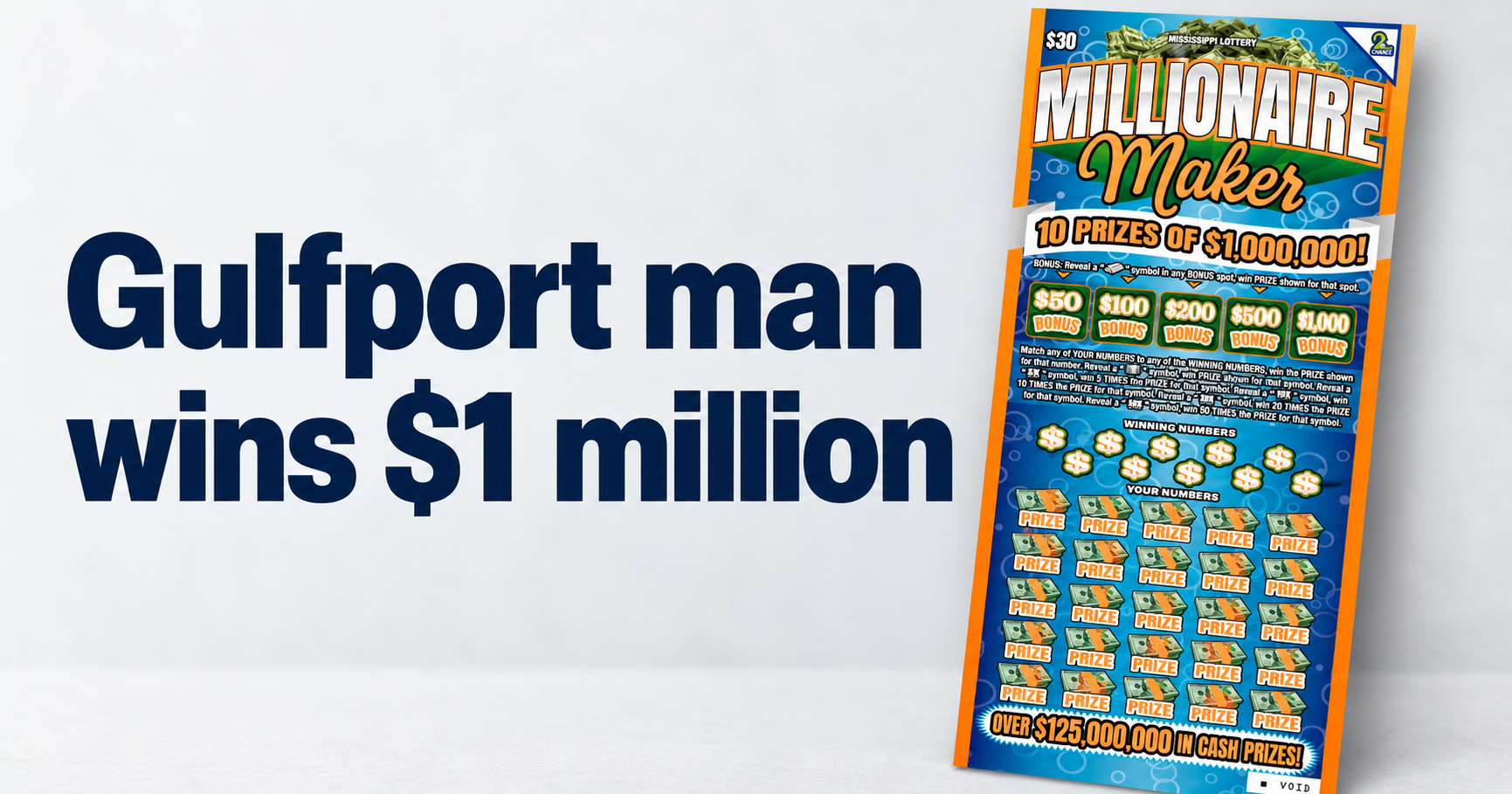 A Gulfport man won $1 million on the only $30 ticket Mississippi sells