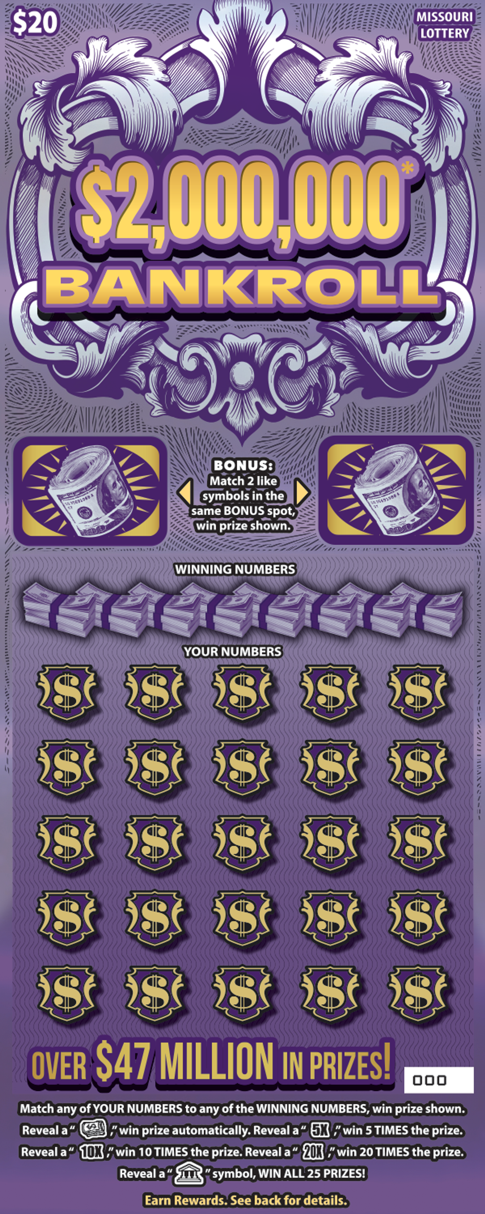 $2,000,000 Bankroll $20 Missouri Lottery Scratchers ticket
