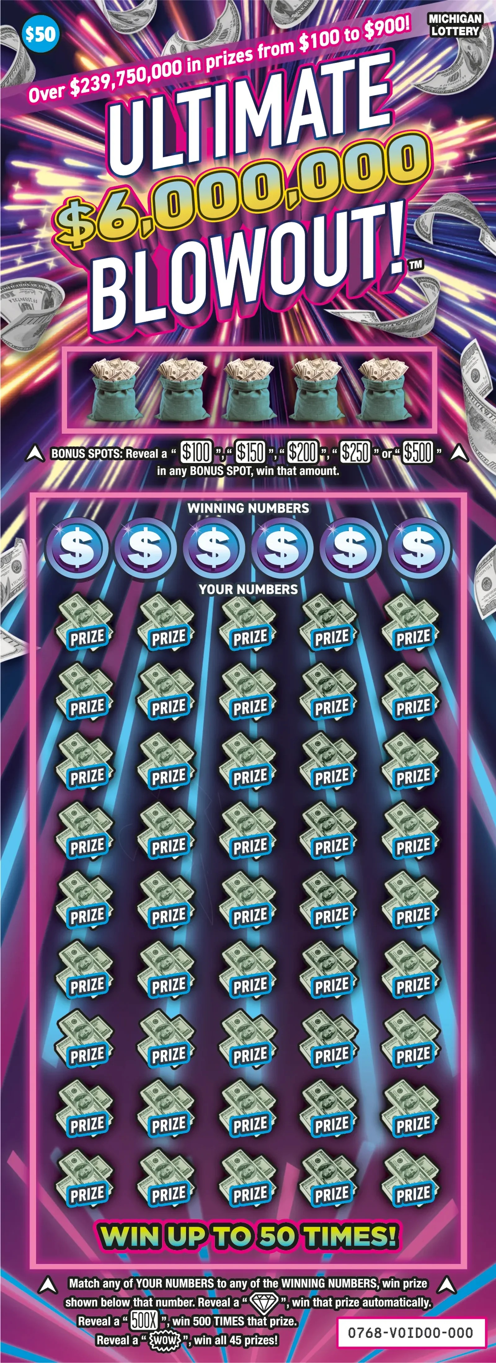 Ultimate $6,000,000 Blowout! $50 Michigan Lottery scratch-off ticket